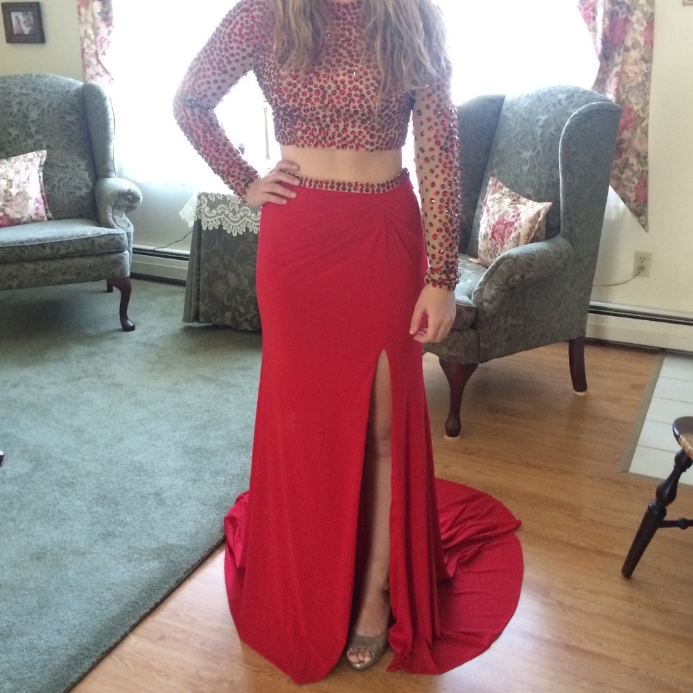 Sherri Hill Red Two Piece Long Sleeve Prom Dress